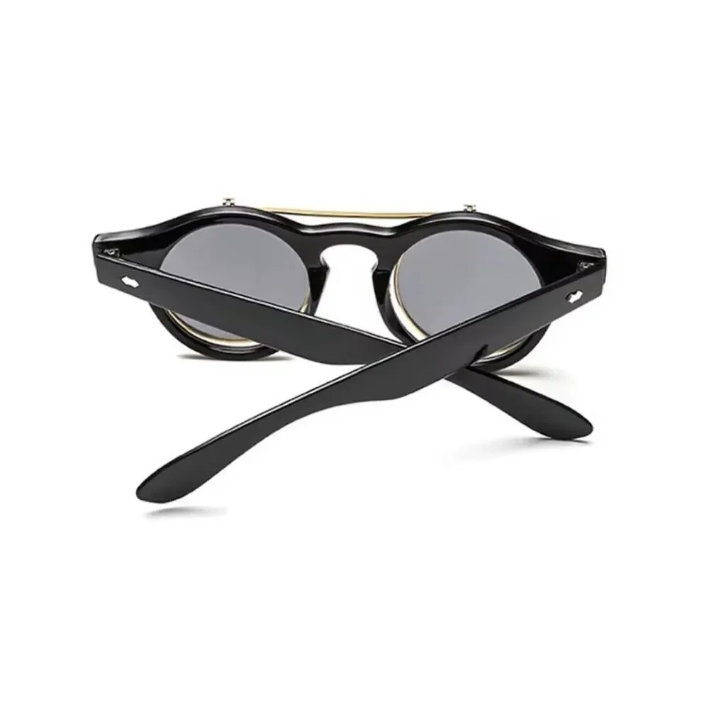 Music Festival Fashion Sunglasses Round Lenses Flip-Up Unisex - Shiny Black